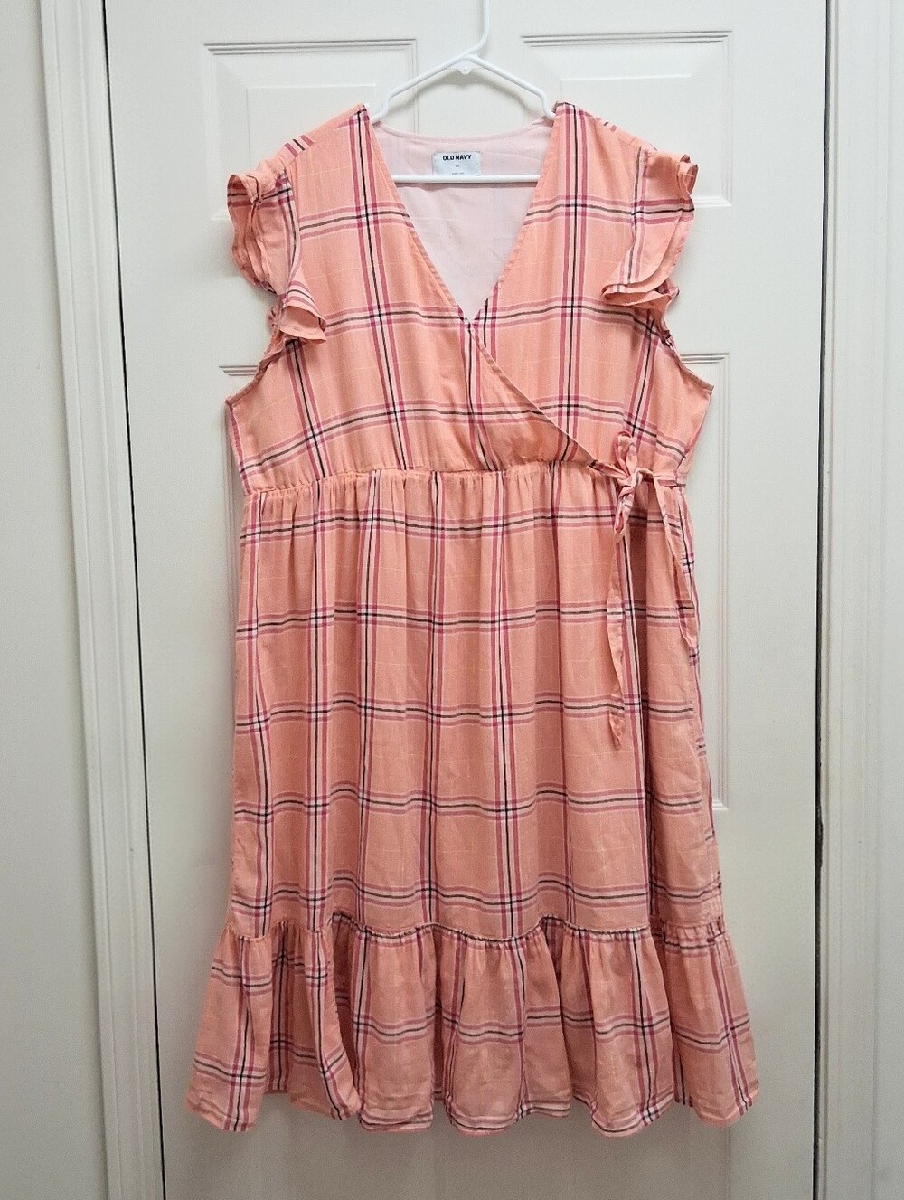 Old Navy Faux Wrap Dress Tiered Plaid Peach Pink XXL Cottagecore Coquette Summer